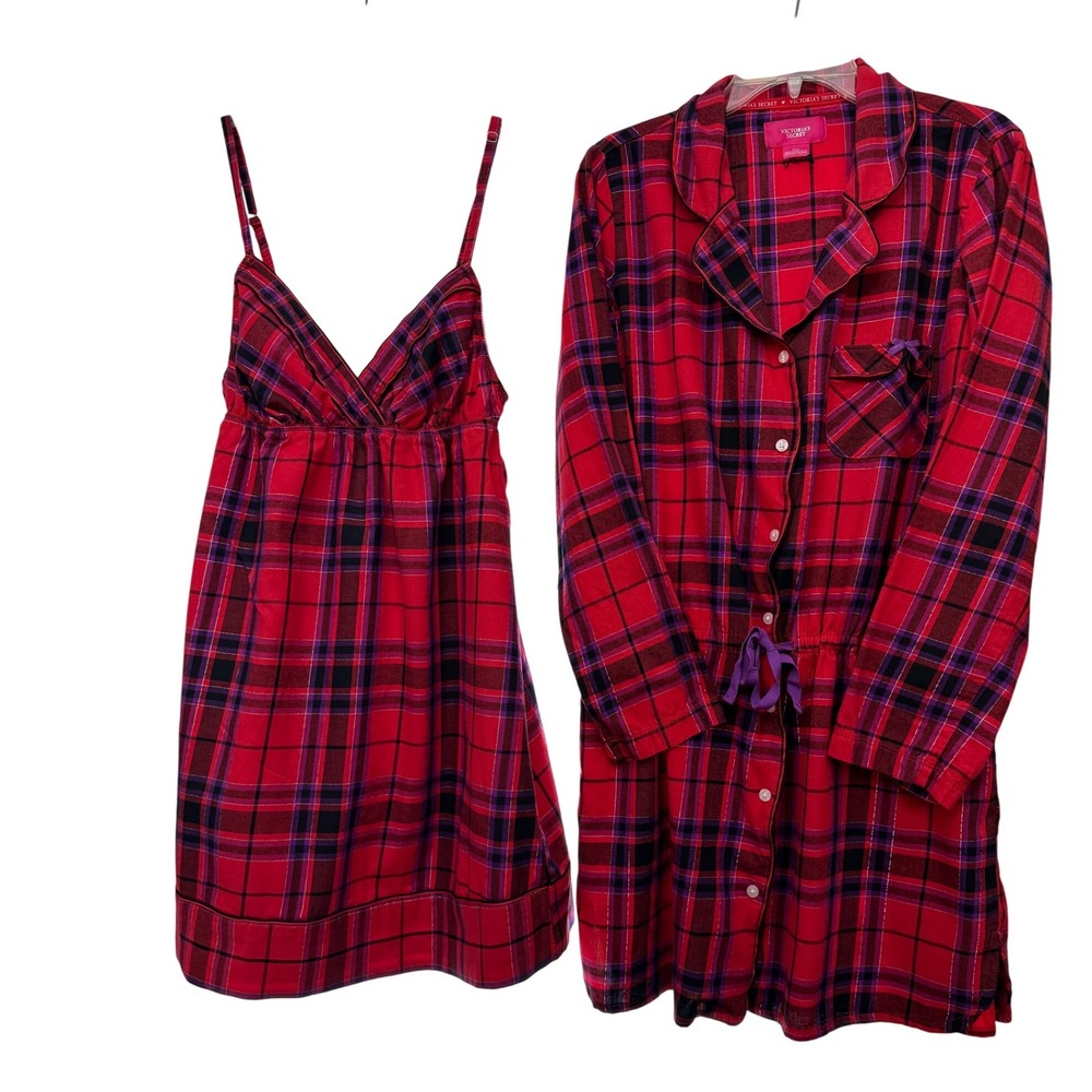 Victorias Secret 2pc M Flannel Babydoll Dress & Night Shirt Lounge Leisure Y2K
